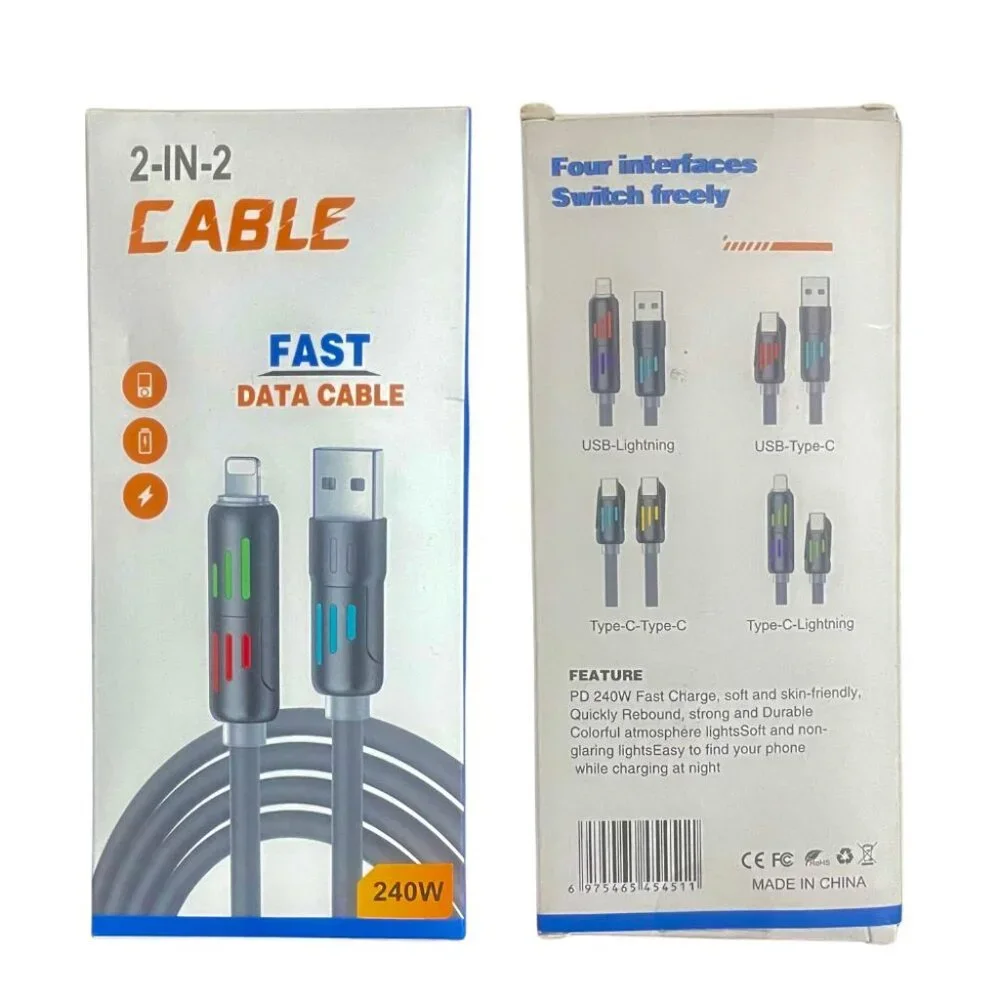 4-in-1 Fast Charging USB Cable, Multi-Port Charging with Color LED Lights